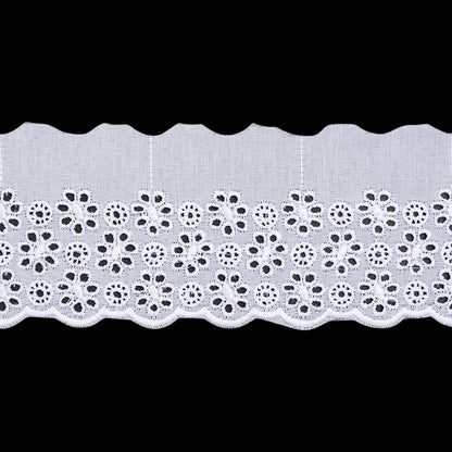 Cotton and Polyester Embroidered Eyelet Lace Trim with One Finished Scalloped Edge - 2.75" - White Flowers and Circles
