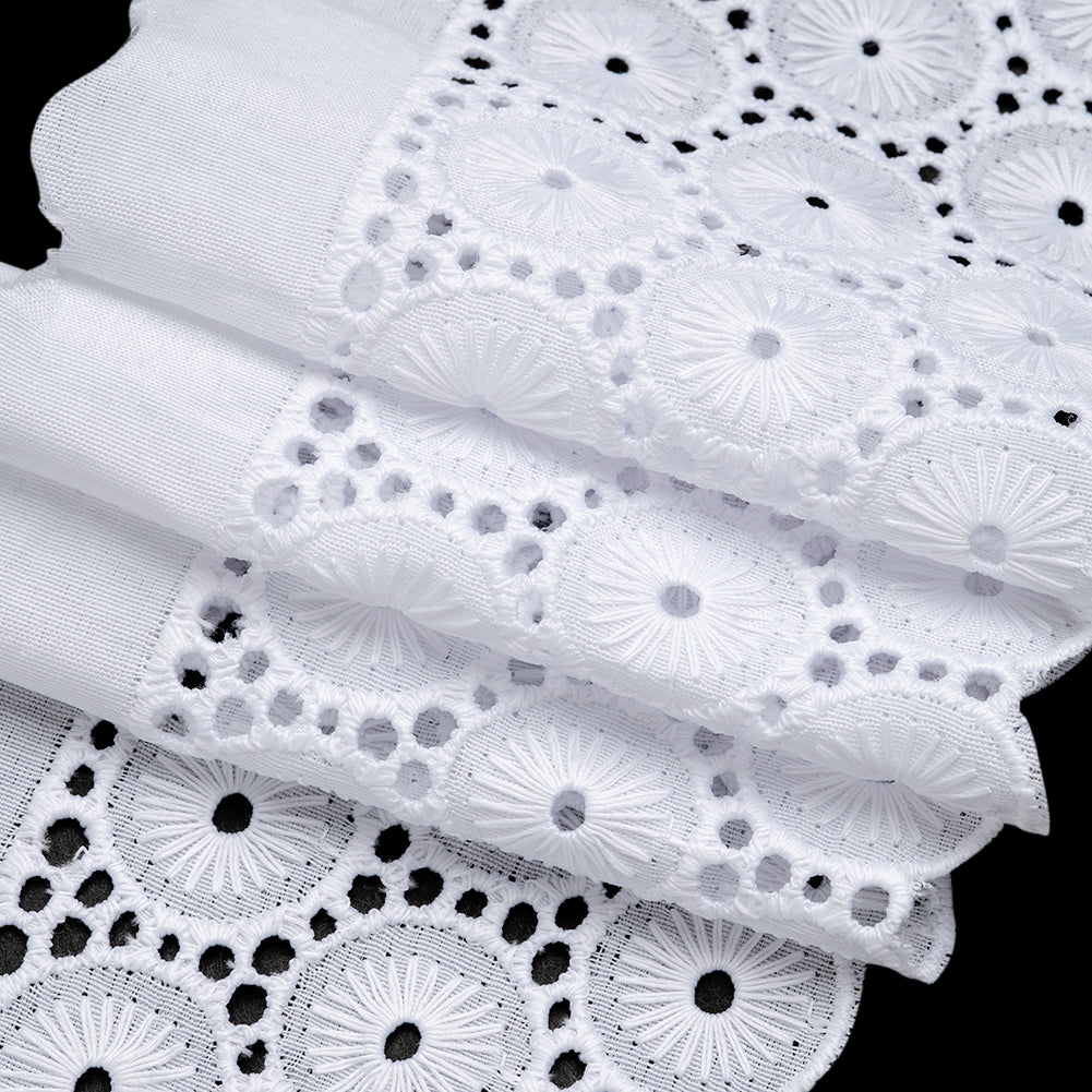 Cotton and Polyester Embroidered Eyelet Lace Trim with One Finished Scalloped Edge - 3.75" - White Circles and Dots