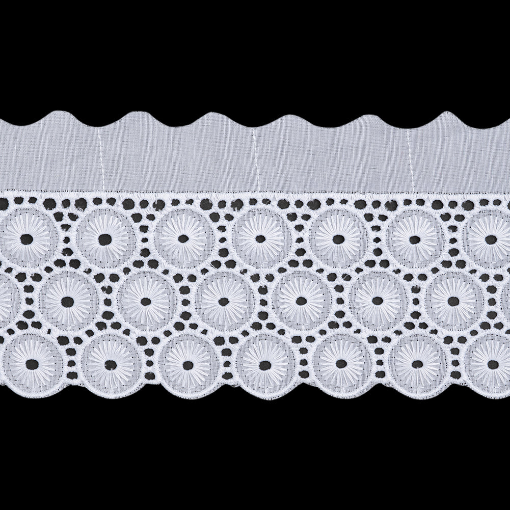Cotton and Polyester Embroidered Eyelet Lace Trim with One Finished Scalloped Edge - 3.75" - White Circles and Dots