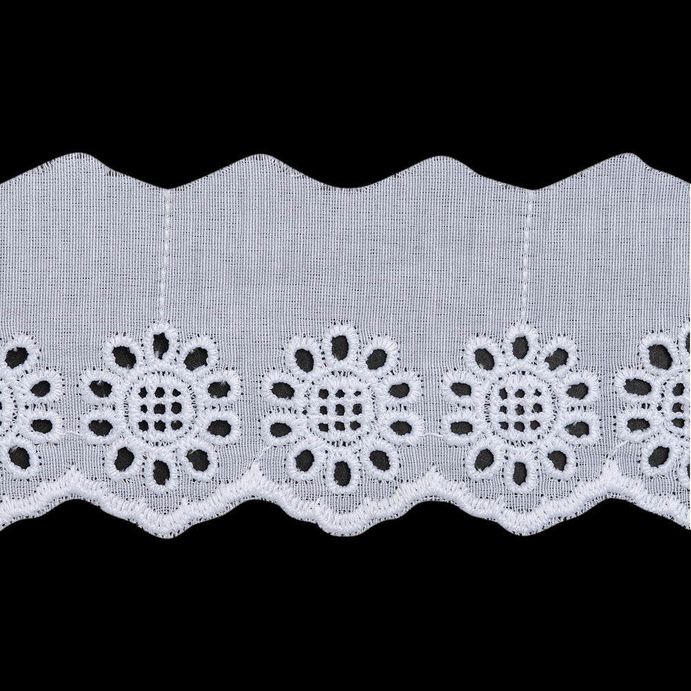 Cotton and Polyester Embroidered Eyelet Lace Trim with One Finished Scalloped Edge - 2.25" - White Sunflowers