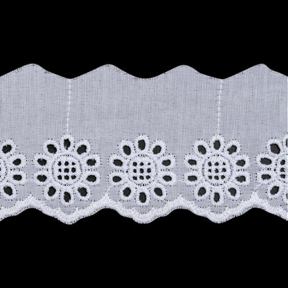 Cotton and Polyester Embroidered Eyelet Lace Trim with One Finished Scalloped Edge - 2.25" - White Sunflowers