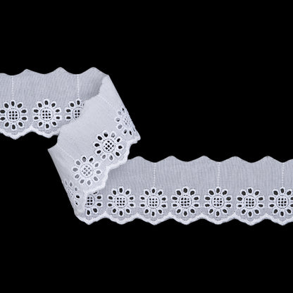 Cotton and Polyester Embroidered Eyelet Lace Trim with One Finished Scalloped Edge - 2.25" - White Sunflowers