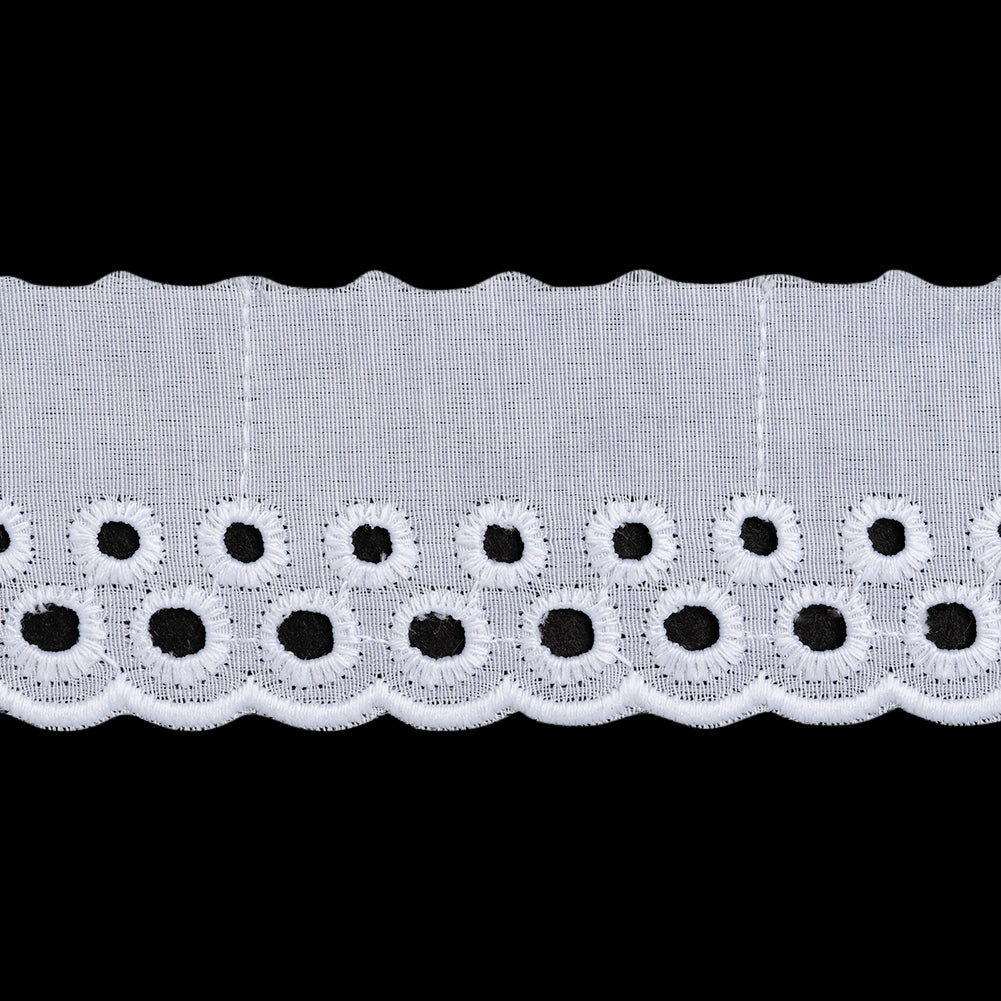 Cotton and Polyester Embroidered Eyelet Lace Trim with One Finished Scalloped Edge - 1.75" - White Rows of Dots