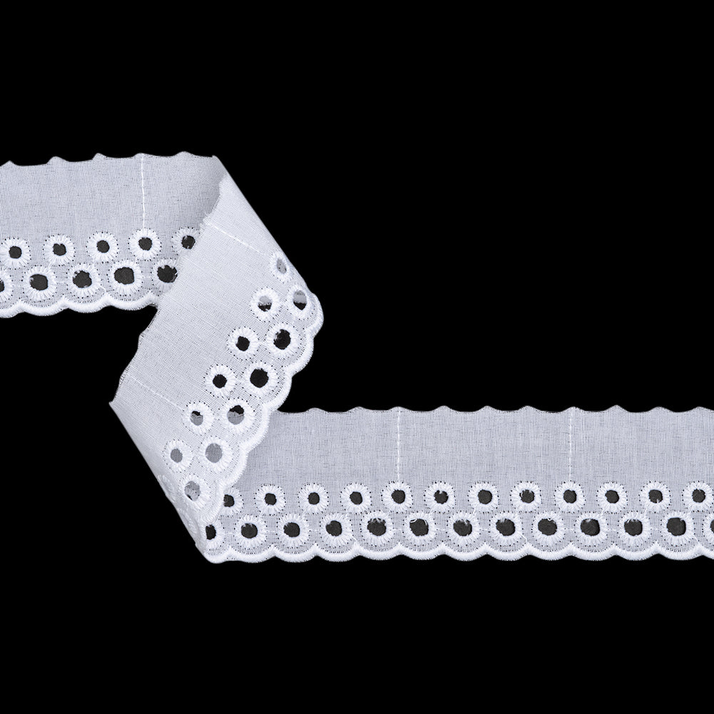 Cotton and Polyester Embroidered Eyelet Lace Trim with One Finished Scalloped Edge - 1.75" - White Rows of Dots
