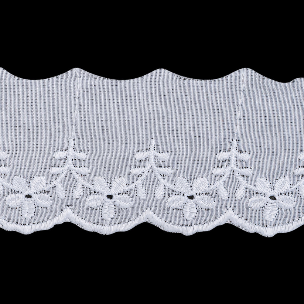 Cotton and Polyester Embroidered Eyelet Lace Trim with One Finished Scalloped Edge - 2.25" - White Scalloped Daisy Vines