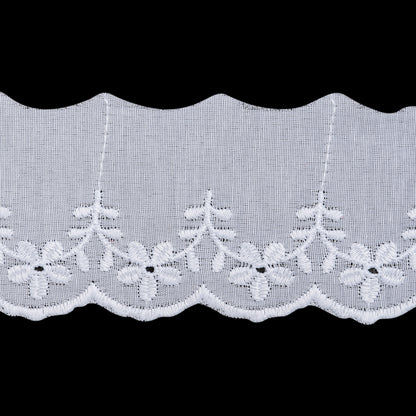 Cotton and Polyester Embroidered Eyelet Lace Trim with One Finished Scalloped Edge - 2.25" - White Scalloped Daisy Vines