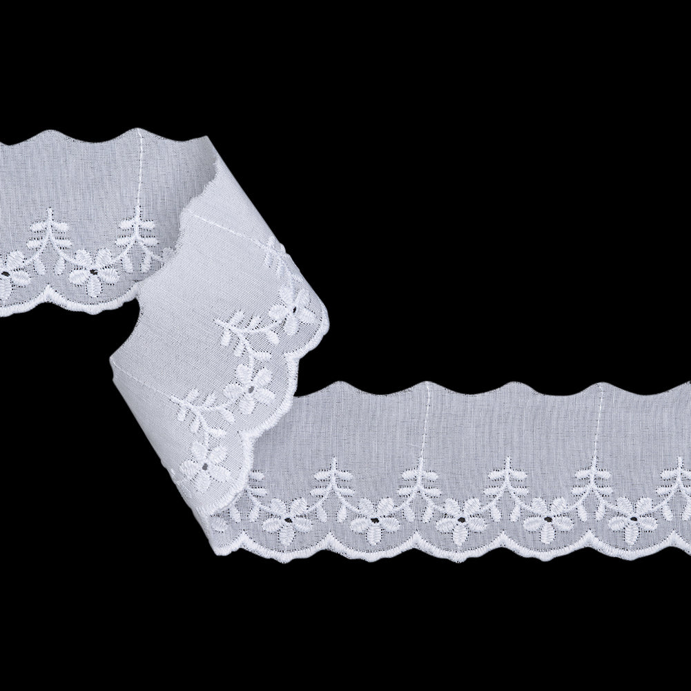 Cotton and Polyester Embroidered Eyelet Lace Trim with One Finished Scalloped Edge - 2.25" - White Scalloped Daisy Vines