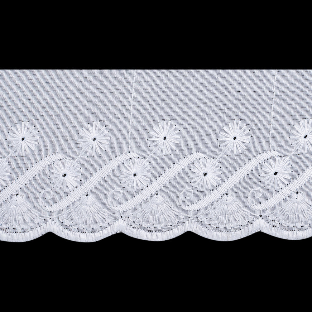 Cotton and Polyester Embroidered Eyelet Lace Trim with One Finished Scalloped Edge - 2.5" - White Flowers and Fans