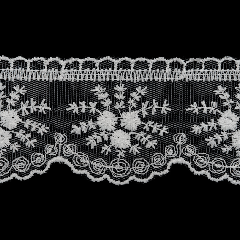 Embroidered Lace Tulle Trim with Scalloped Edges - 2.375" - White Bouquets and Dots