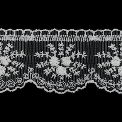 Embroidered Lace Tulle Trim with Scalloped Edges - 2.375" - White Bouquets and Dots