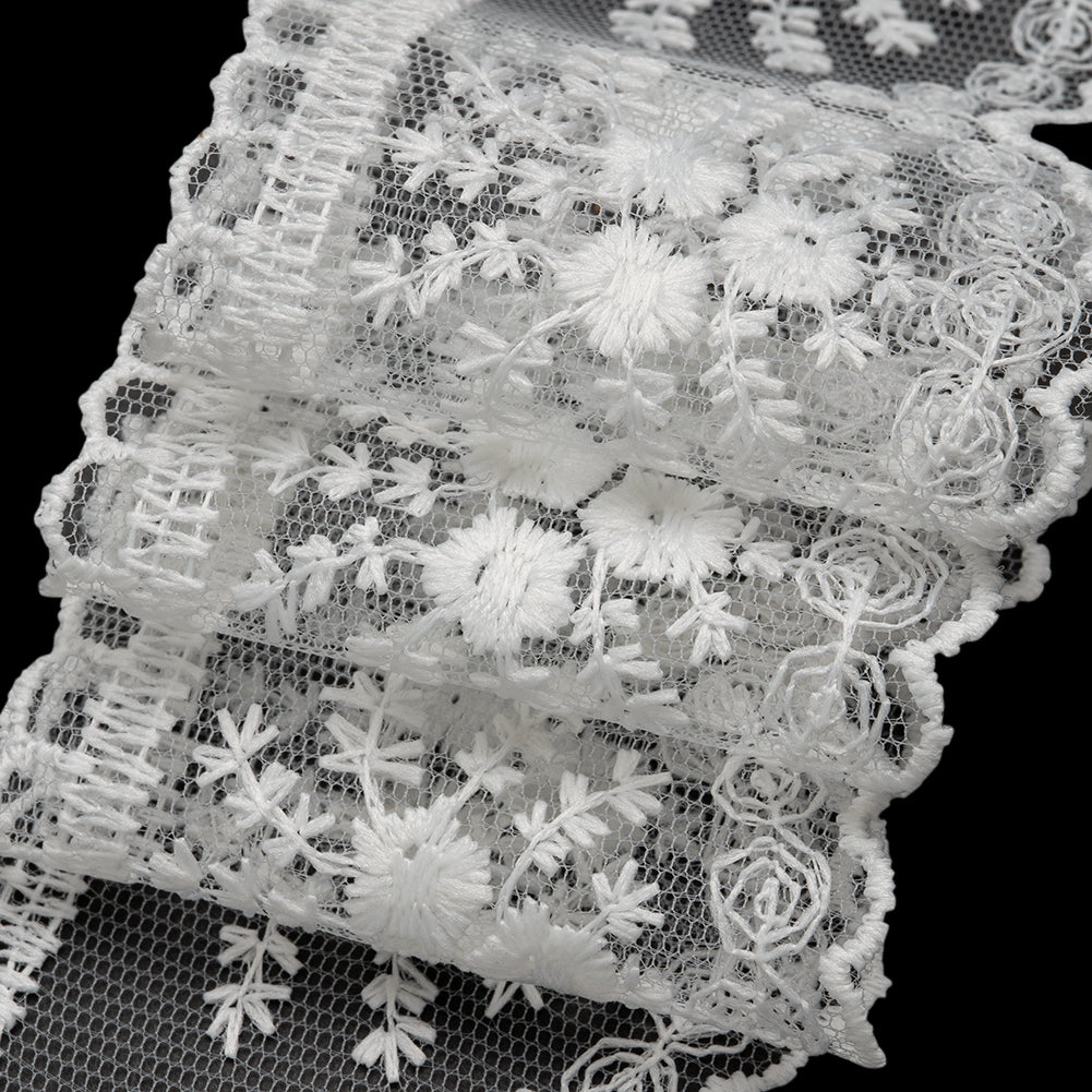 Embroidered Lace Tulle Trim with Scalloped Edges - 2.375" - White Bouquets and Dots