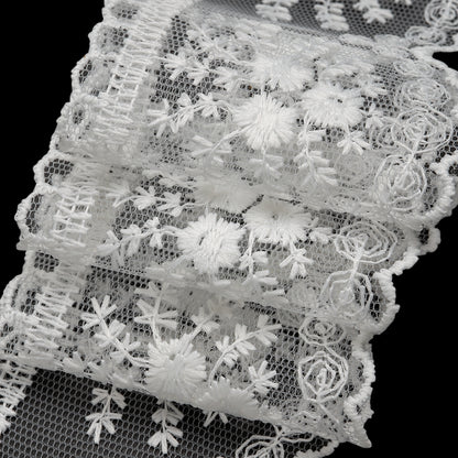 Embroidered Lace Tulle Trim with Scalloped Edges - 2.375" - White Bouquets and Dots