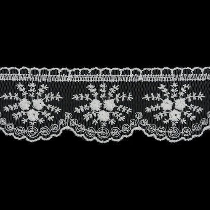 Embroidered Lace Tulle Trim with Scalloped Edges - 2.375" - White Bouquets and Dots