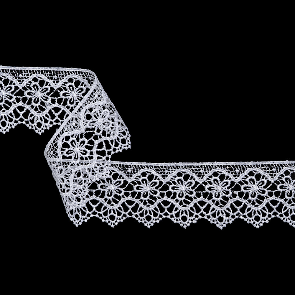 Guipure Lace Trim - 2.125" - White Flowers in Waves with Scallops