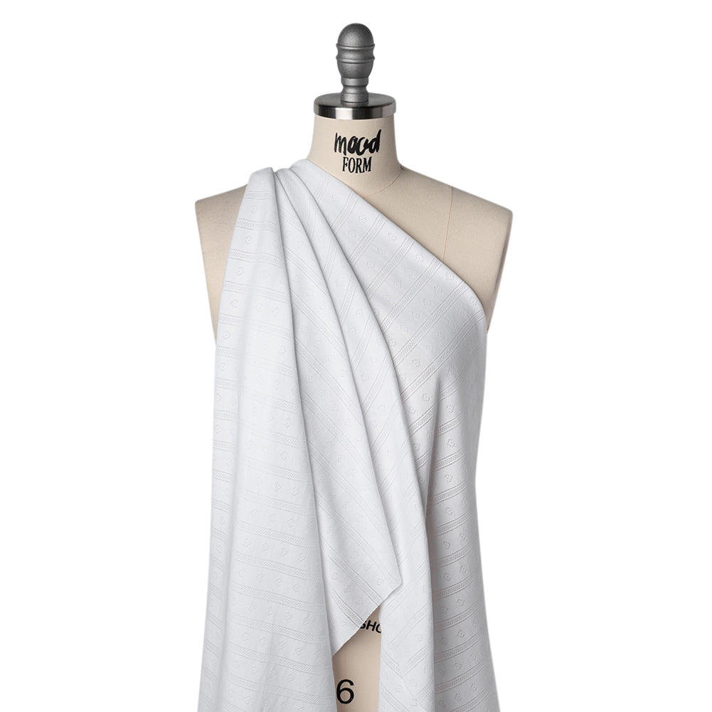 Cotton Pointelle Rib Knit - Powder White Hearts and Stripes - Cassy Collection - Drape