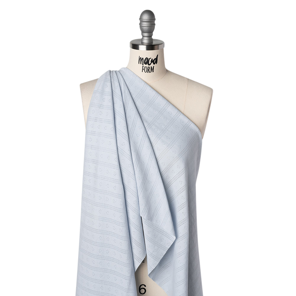 Cotton Pointelle Rib Knit - Baby Blue Hearts and Stripes - Cassy Collection - Drape