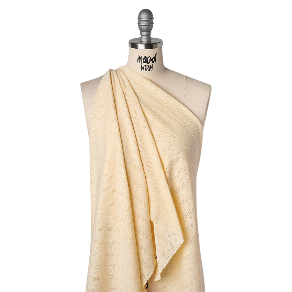 Cotton Pointelle Rib Knit - Light Sunshine Yellow Hearts and Stripes - Cassy Collection - Drape