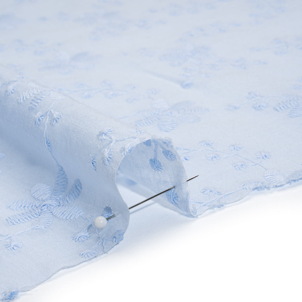 Embroidered Eyelet Cotton Voile - Pale Blue Flowers on Branches - Naomi Collection - Detail