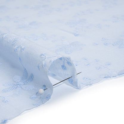 Embroidered Eyelet Cotton Voile - Pale Blue Flowers on Branches - Naomi Collection