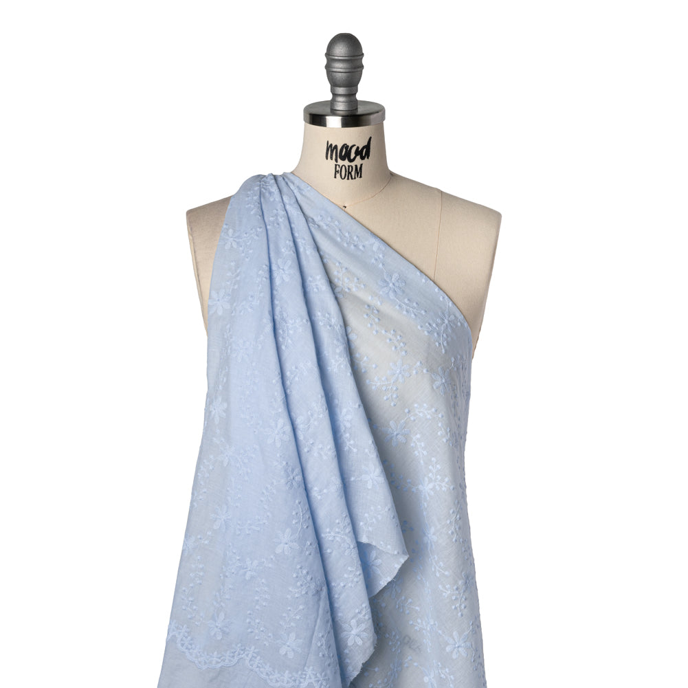 Embroidered Eyelet Cotton Voile - Pale Blue Flowers on Branches - Naomi Collection - Drape