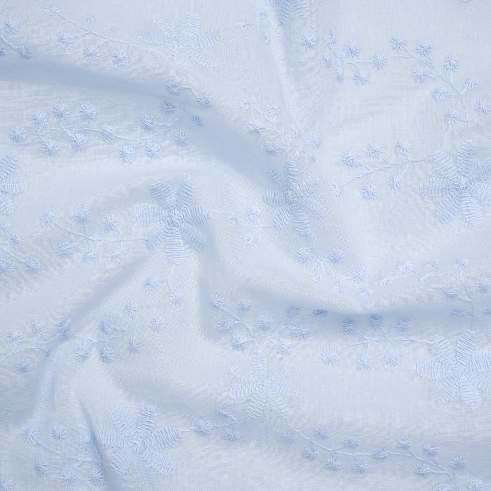 Embroidered Eyelet Cotton Voile - Pale Blue Flowers on Branches - Naomi Collection