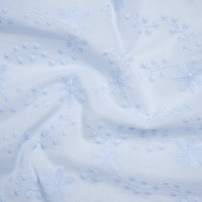 Embroidered Eyelet Cotton Voile - Pale Blue Flowers on Branches - Naomi Collection