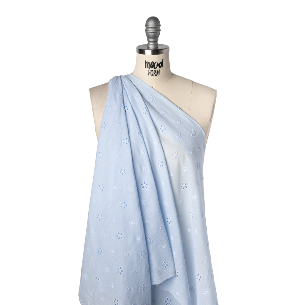 Embroidered Eyelet Cotton Voile - Pale Blue Floating Flowers - Naomi Collection - Drape