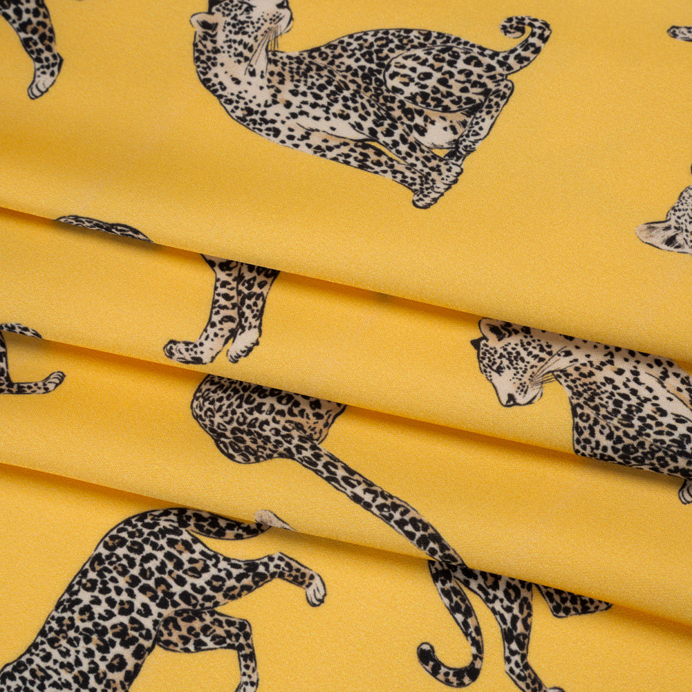 Stretch Recycled Polyester Charmeuse Print by Max Alexander - Sun Yellow and Beige Prowling Cheetahs Folded