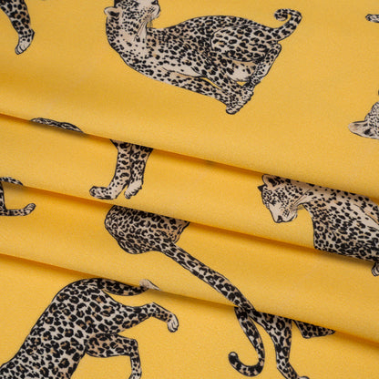 Stretch Recycled Polyester Charmeuse Print by Max Alexander - Sun Yellow and Beige Prowling Cheetahs Folded