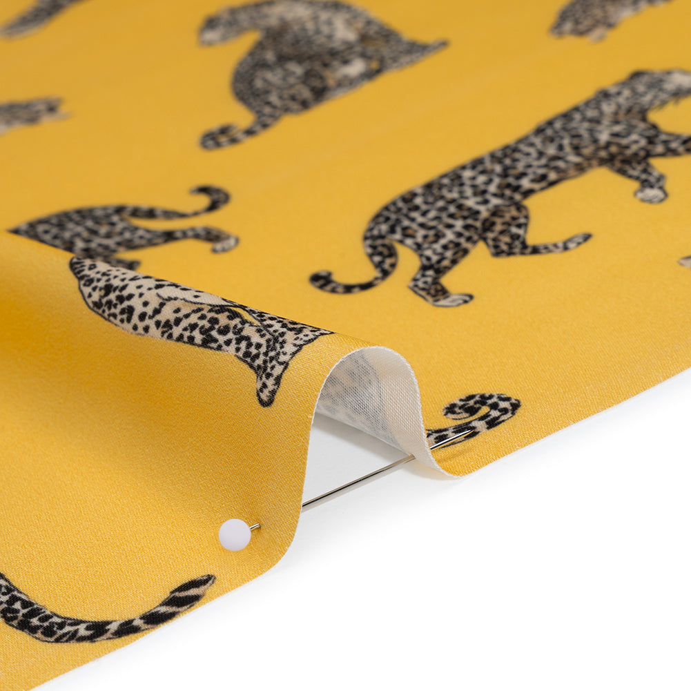 Stretch Recycled Polyester Charmeuse Print by Max Alexander - Sun Yellow and Beige Prowling Cheetahs Detail