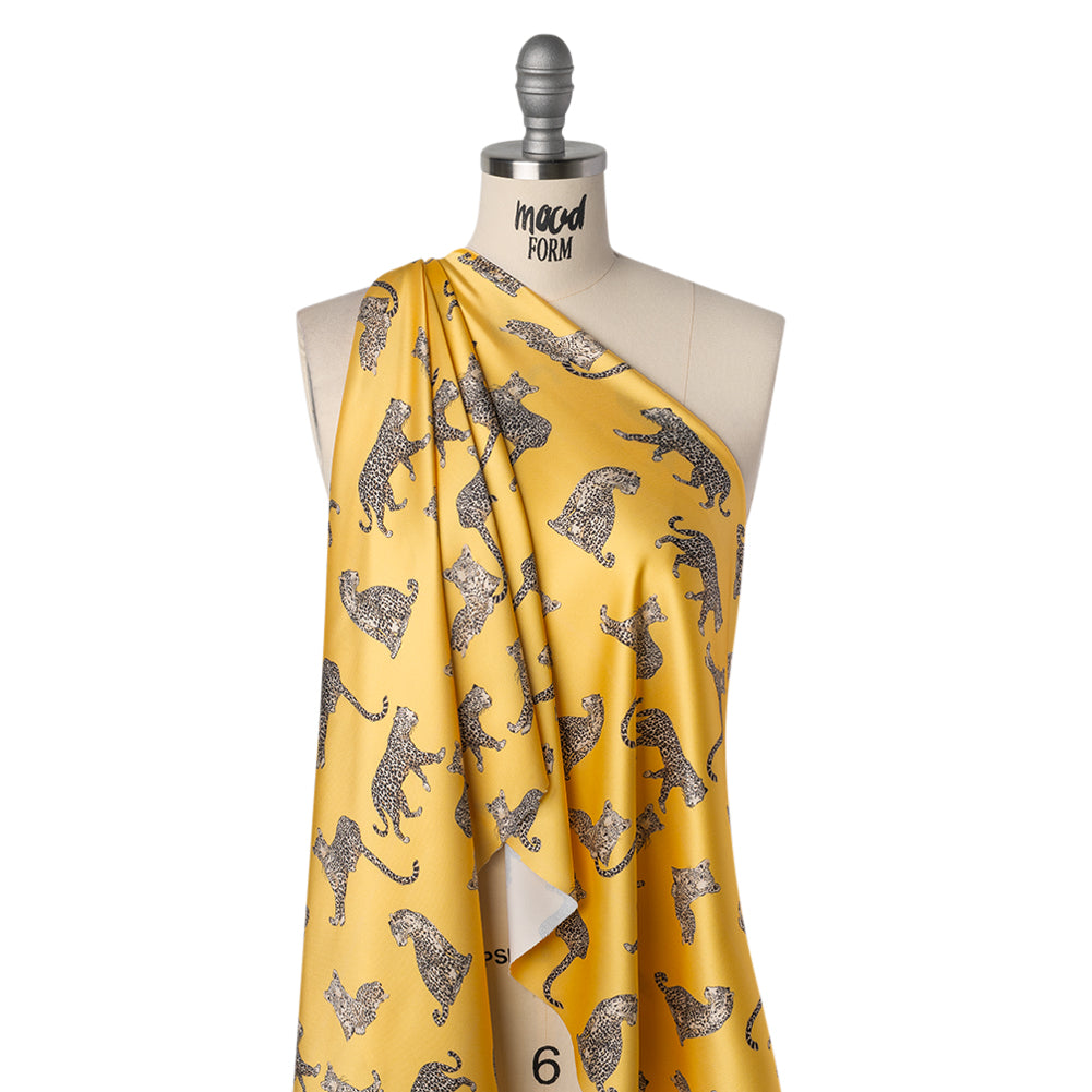 Stretch Recycled Polyester Charmeuse Print by Max Alexander - Sun Yellow and Beige Prowling Cheetahs Drape