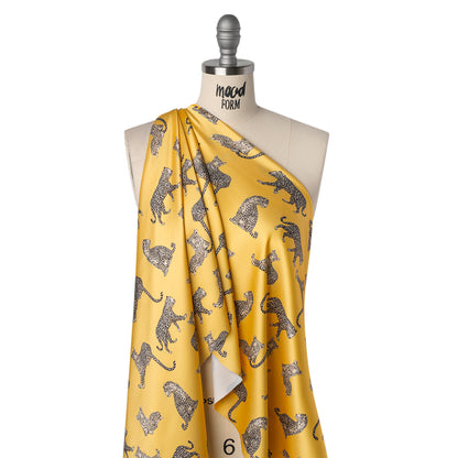 Stretch Recycled Polyester Charmeuse Print by Max Alexander - Sun Yellow and Beige Prowling Cheetahs Drape