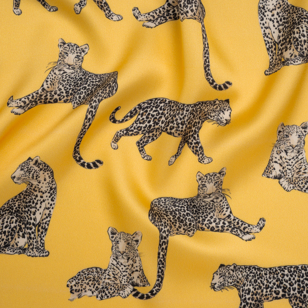Stretch Recycled Polyester Charmeuse Print by Max Alexander - Sun Yellow and Beige Prowling Cheetahs