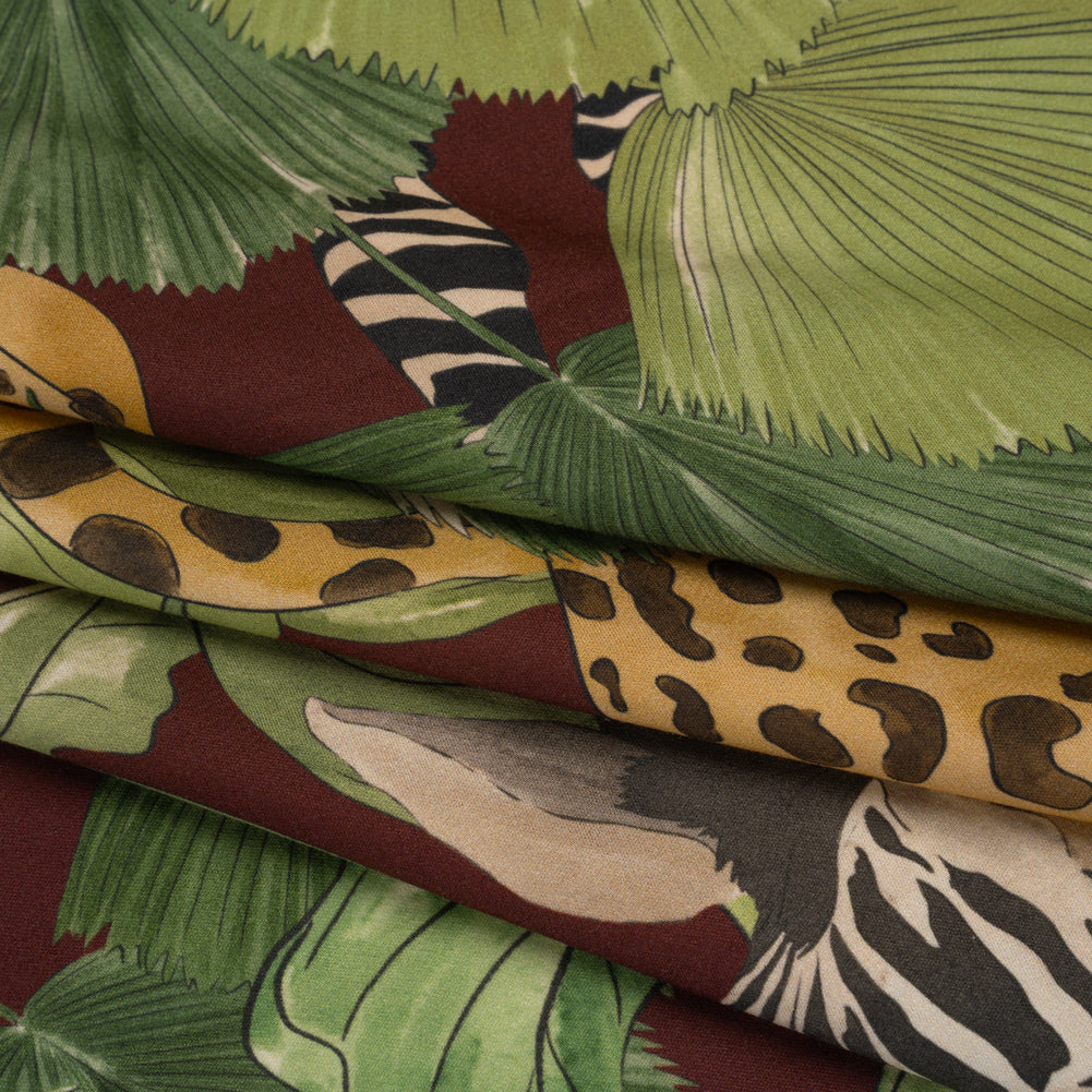 Rayon Challis Print by Max Alexander - Wine Red, Green and Beige Jungle Cats Folded