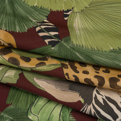 Rayon Challis Print by Max Alexander - Wine Red, Green and Beige Jungle Cats Folded