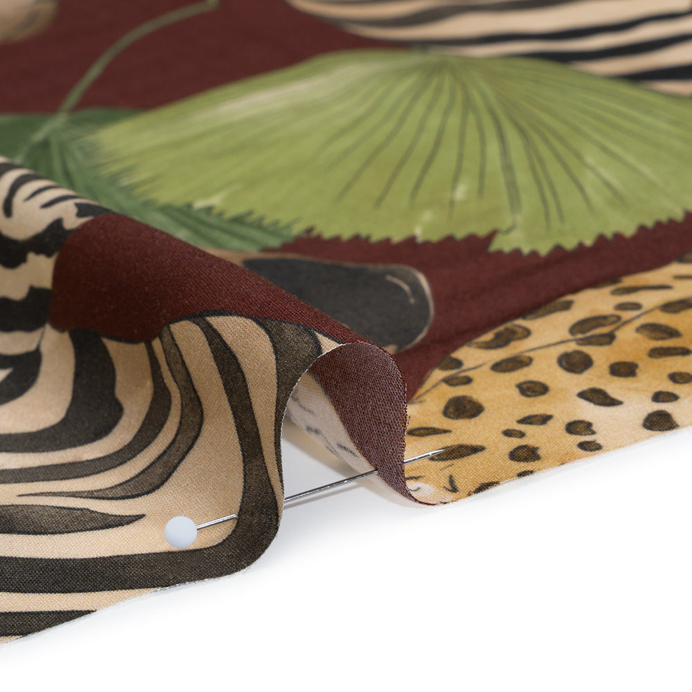 Rayon Challis Print by Max Alexander - Wine Red, Green and Beige Jungle Cats Detail