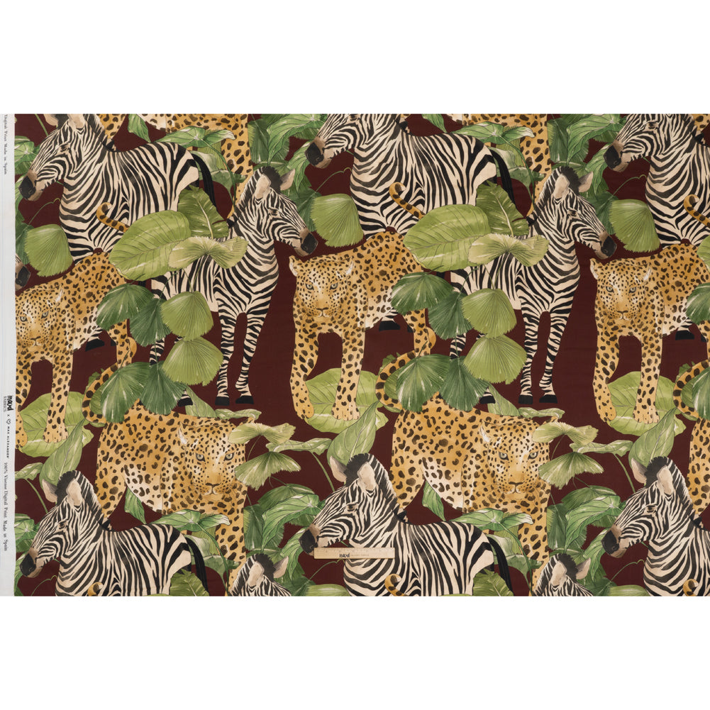 Rayon Challis Print by Max Alexander - Wine Red, Green and Beige Jungle Cats - Full