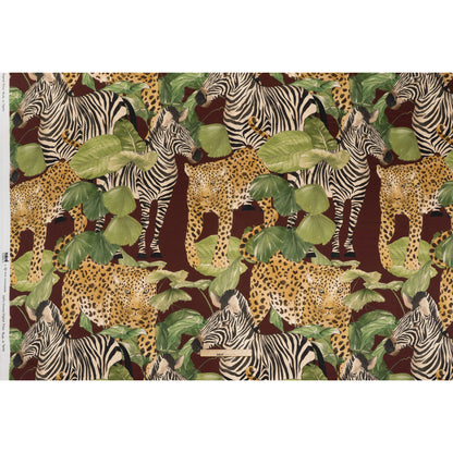 Rayon Challis Print by Max Alexander - Wine Red, Green and Beige Jungle Cats - Full