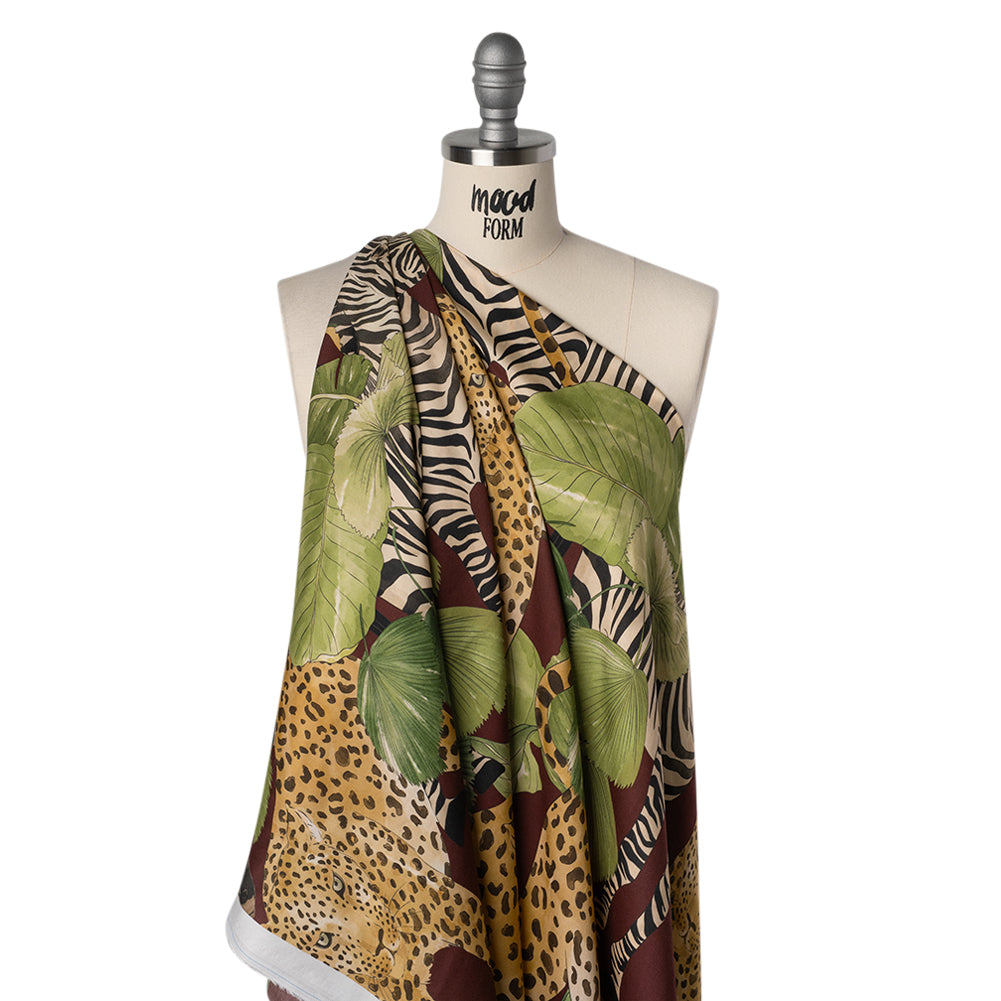 Rayon Challis Print by Max Alexander - Wine Red, Green and Beige Jungle Cats Drape