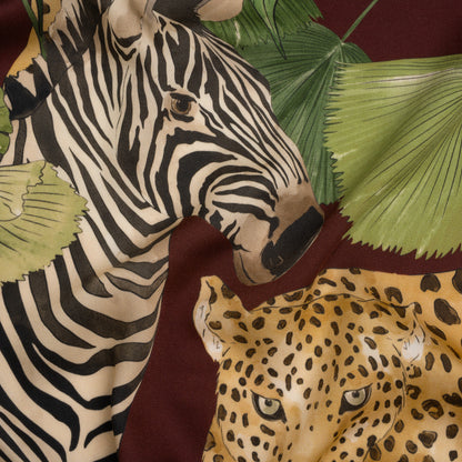 Rayon Challis Print by Max Alexander - Wine Red, Green and Beige Jungle Cats
