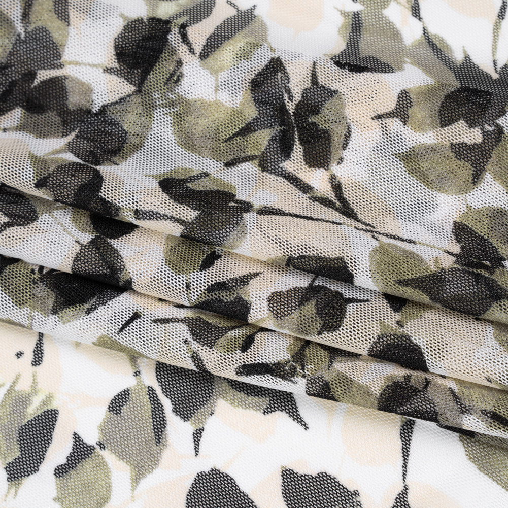 Polyester Stretch Mesh Print - Olive Green, Black and White Leaves - Folded