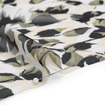 Polyester Stretch Mesh Print - Olive Green, Black and White Leaves