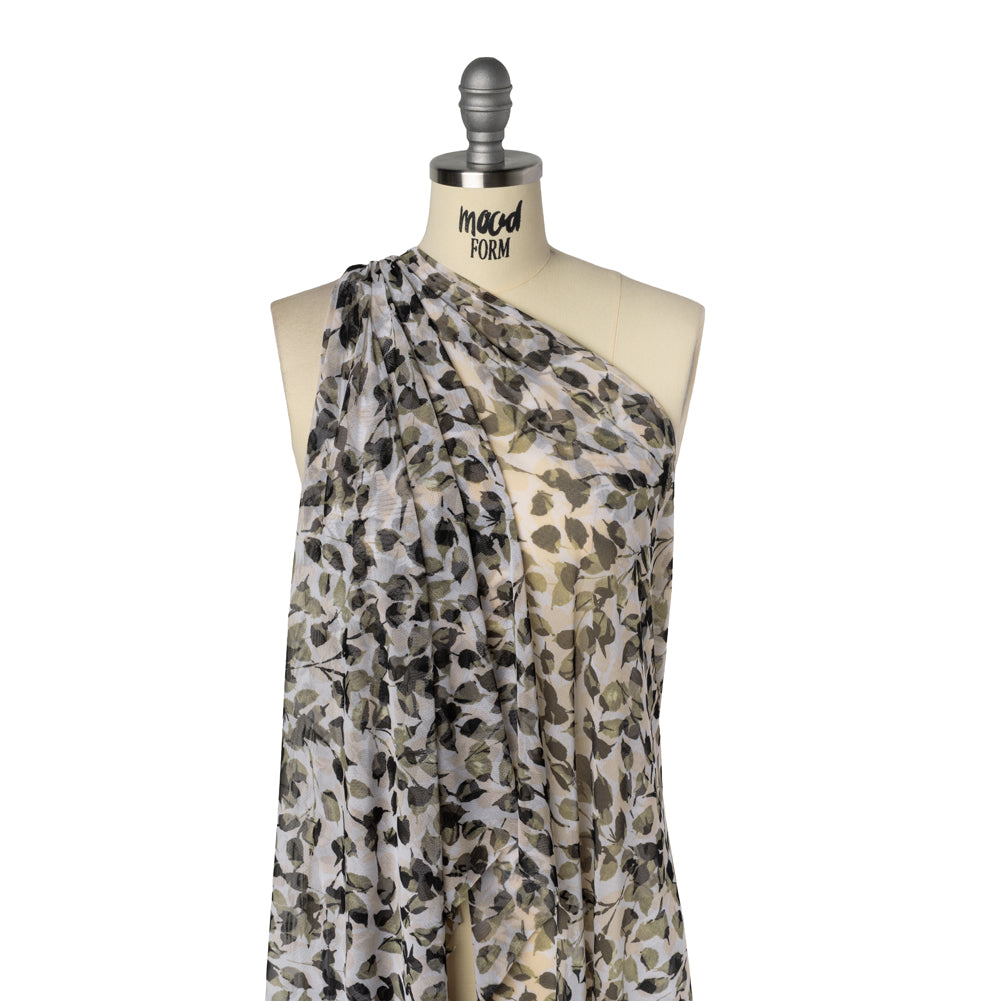 Polyester Stretch Mesh Print - Olive Green, Black and White Leaves - Drape