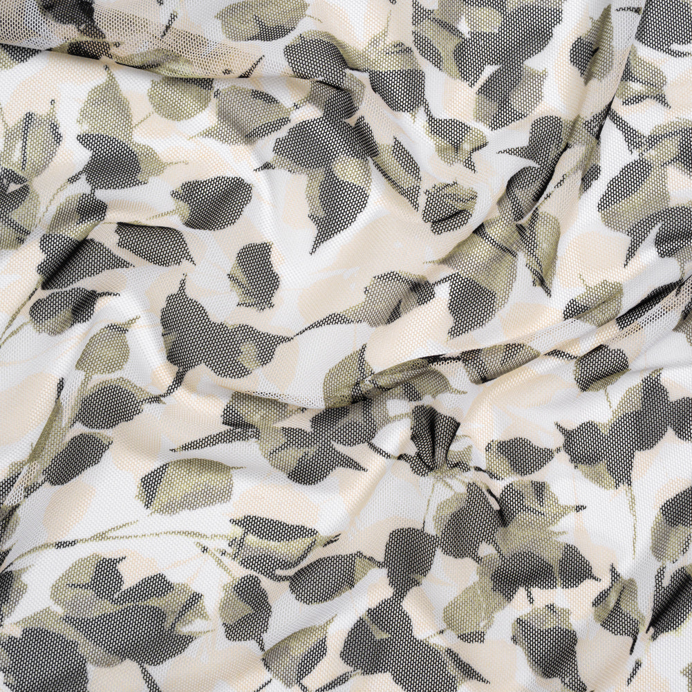 Polyester Stretch Mesh Print - Olive Green, Black and White Leaves