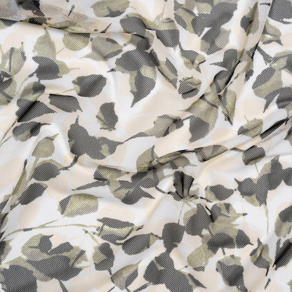 Polyester Stretch Mesh Print - Olive Green, Black and White Leaves