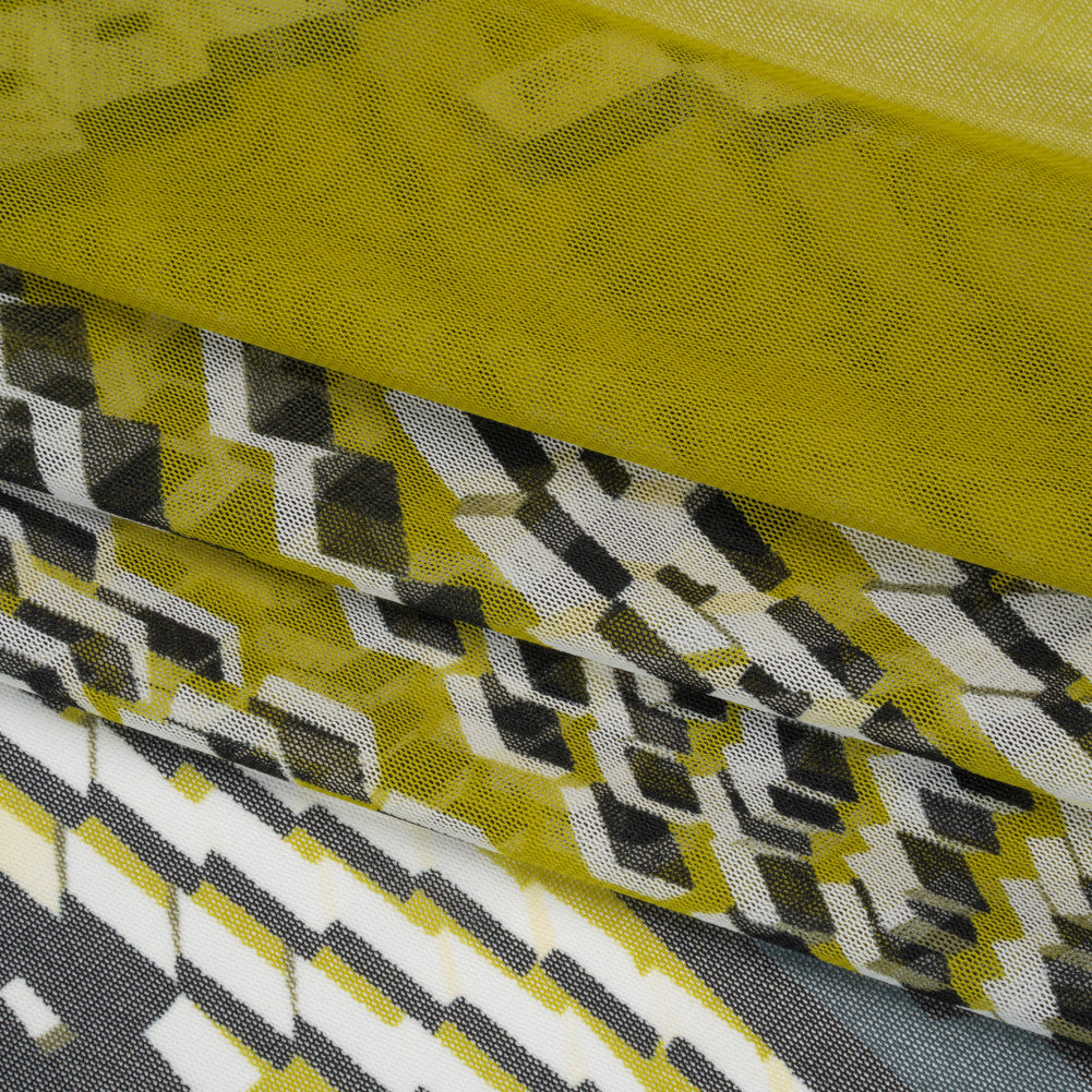 Polyester Stretch Mesh Panel - Chartreuse, Dark Teal and White Geometric Explosion - Folded