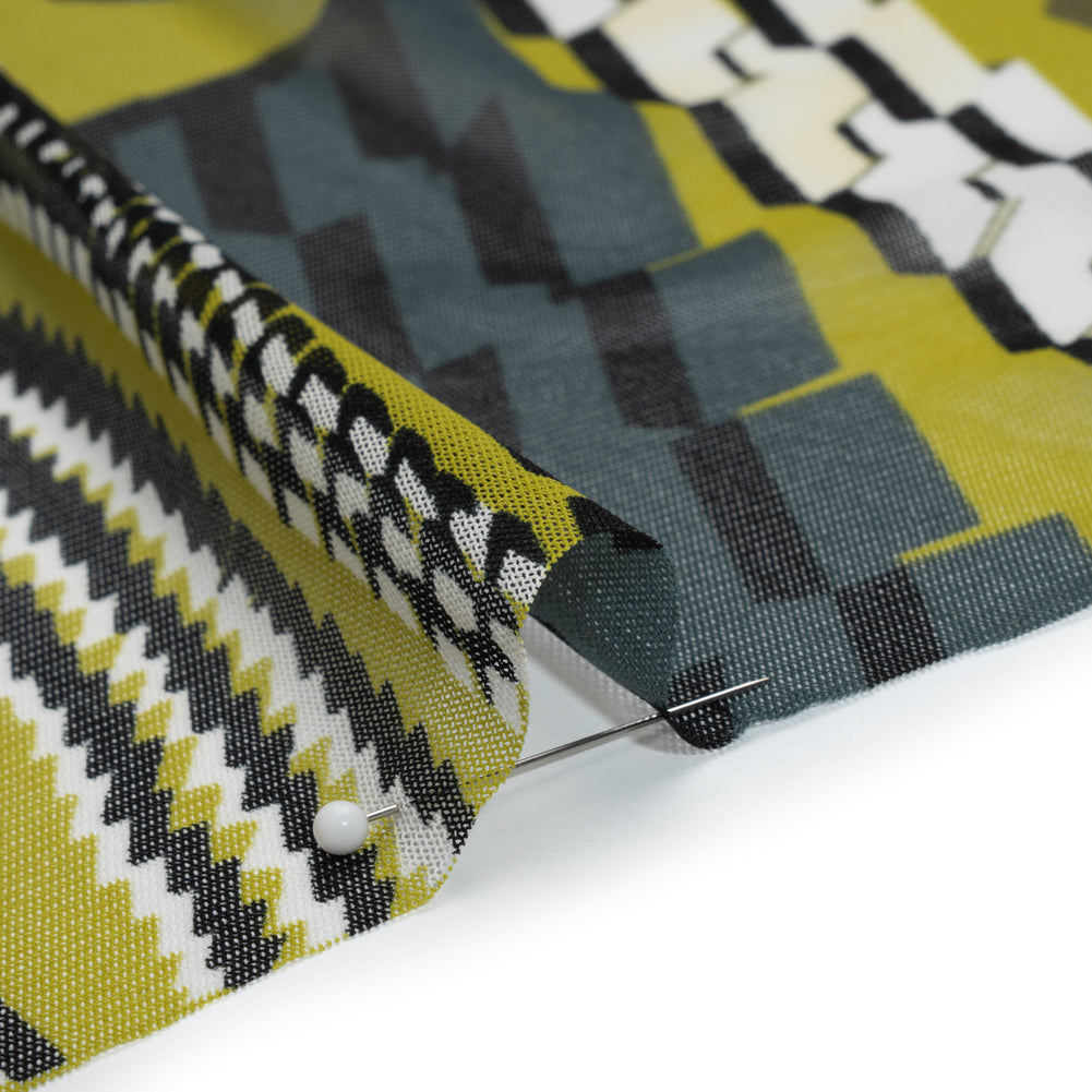 Polyester Stretch Mesh Panel - Chartreuse, Dark Teal and White Geometric Explosion - Detail