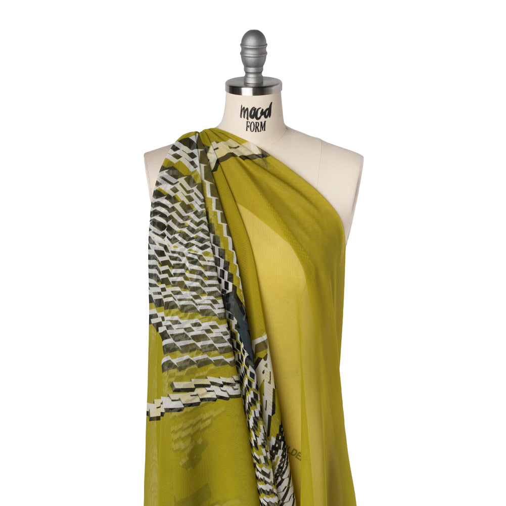 Polyester Stretch Mesh Panel - Chartreuse, Dark Teal and White Geometric Explosion - Drape