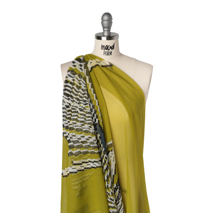 Polyester Stretch Mesh Panel - Chartreuse, Dark Teal and White Geometric Explosion