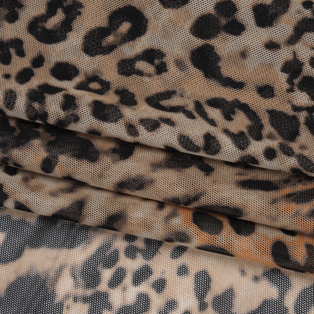 Polyester Stretch Mesh Print - Black, Beige and Burnt Orange Animal Spots - Folded